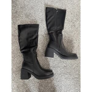 Y2K Black Platform Knee High Leather Boots Square Toe Chunky Block Heel Size 7.5